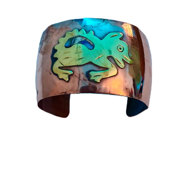 Vintage Wide Cuff Mexican Copper Brass Abalone Shell Bracelet - Picture 4 of 5